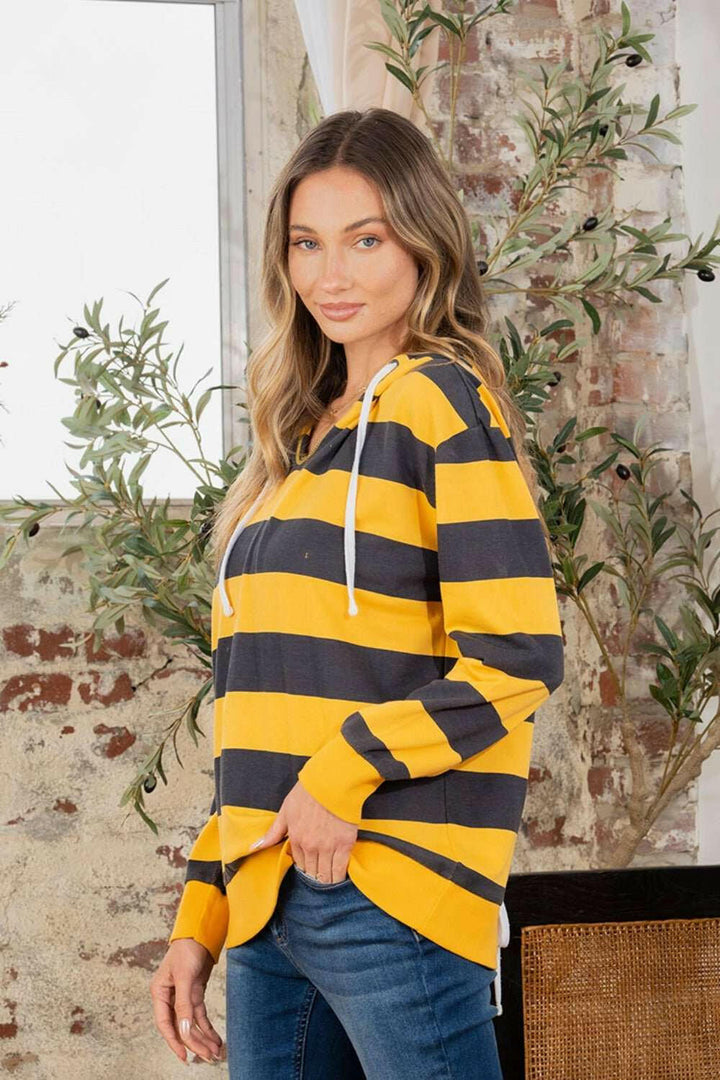 Drawstring Striped Long Sleeve Hoodie - Full Size - The Rogue Daisy