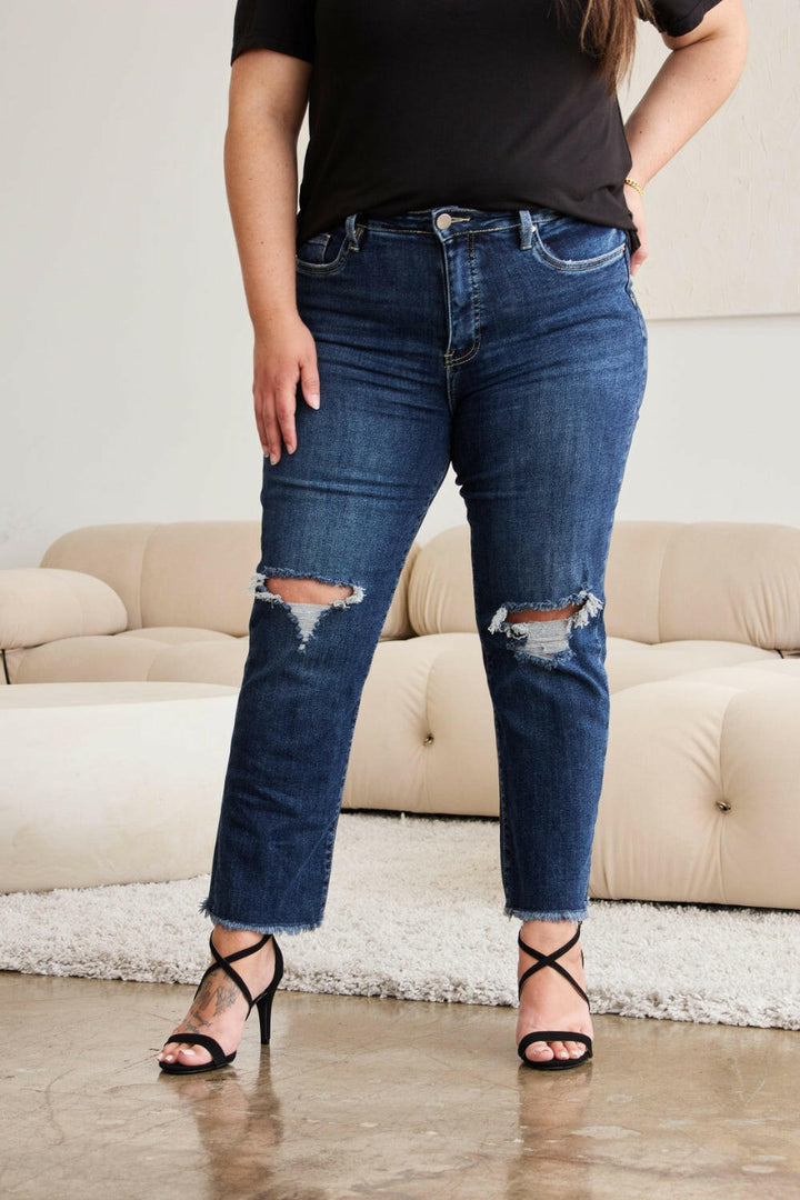 RFM 'Dylan' Tummy Control Distressed High Waist Raw Hem Cropped Jeans - Full Size.