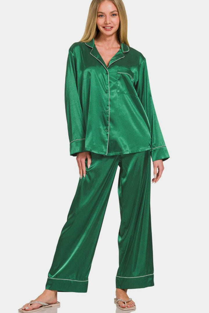 Classic Satin Pajama Set (Pants and Button Up Shirt) with Piping and Chest Pocket in Hunter Green - The Rogue Daisy