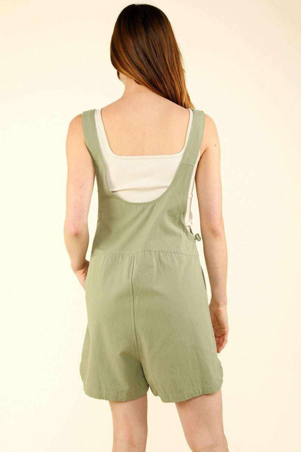 Soft Olive 'Breezy Days' Adjustable Waist Overall Shorts - Very J