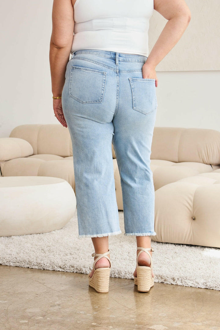 RFM Tummy Control High Waist Raw Hem Distressed Jeans - Full Size.