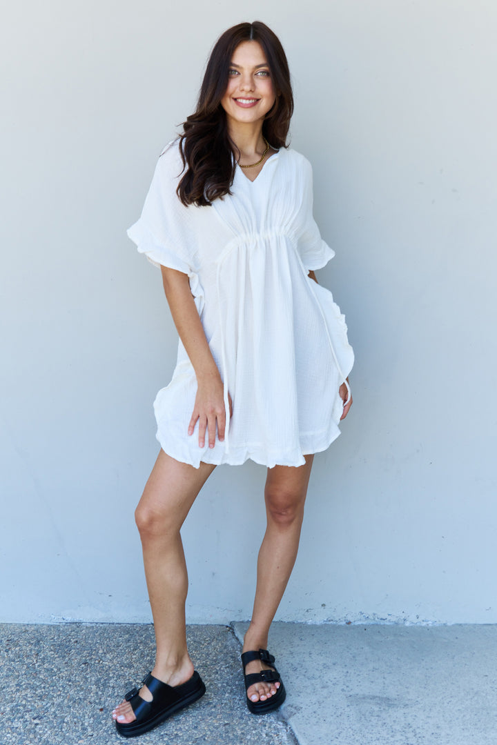 Cotton Ruffle Mini Dress with Drawstring Waist