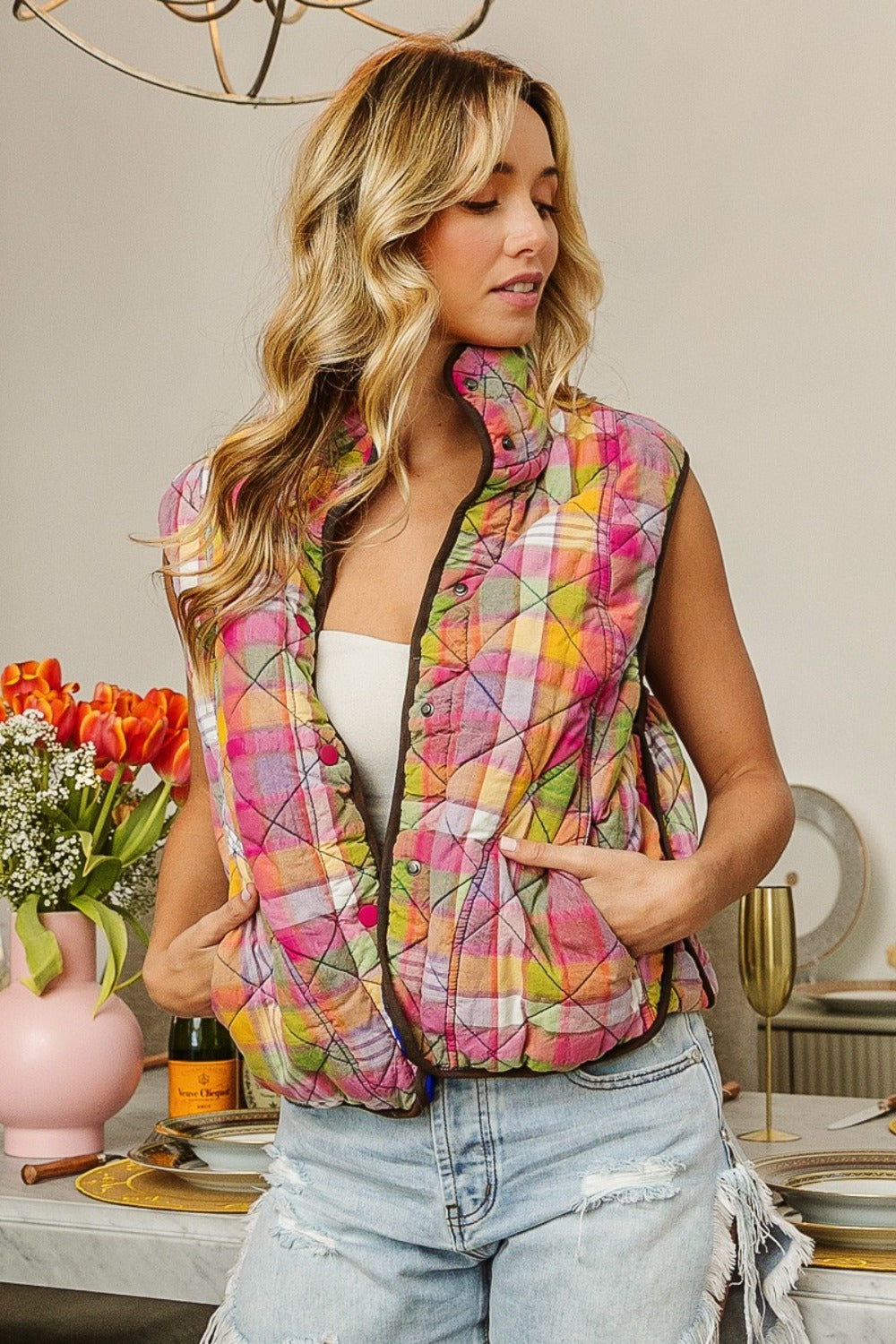 Quilted Washed Plaid Snap Down Vest