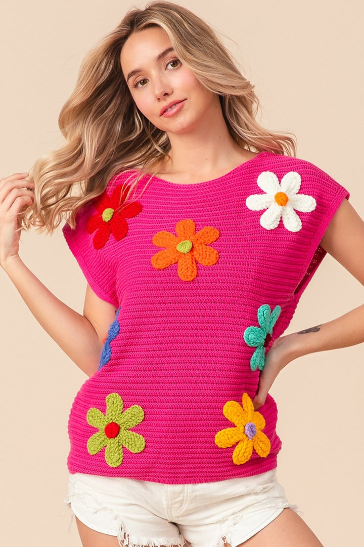 Flower Patch Cap Sleeve Knit Top