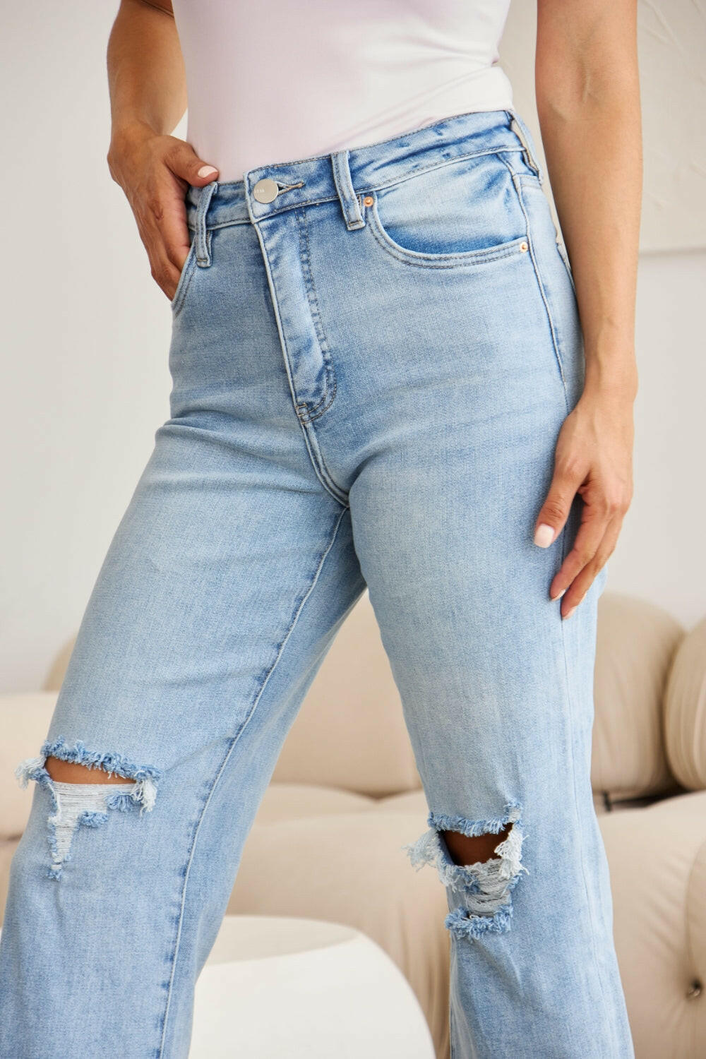 RFM Tummy Control High Waist Raw Hem Distressed Jeans - Full Size.