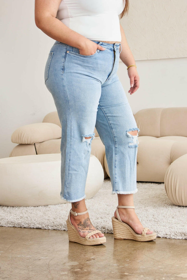 RFM Tummy Control High Waist Raw Hem Distressed Jeans - Full Size.