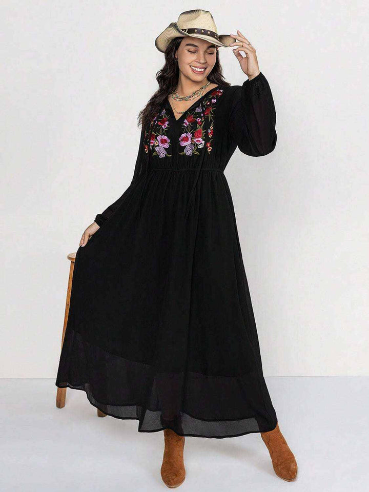 Rustic Floral Embroidered Maxi Dress - Plus Size