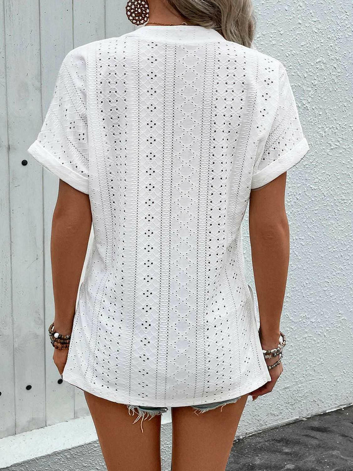 Eyelet Notched Short Sleeve Blouse - The Rogue Daisy