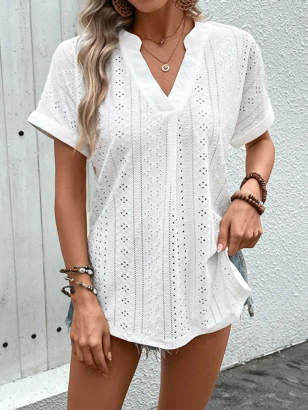 Eyelet Notched Short Sleeve Blouse - The Rogue Daisy