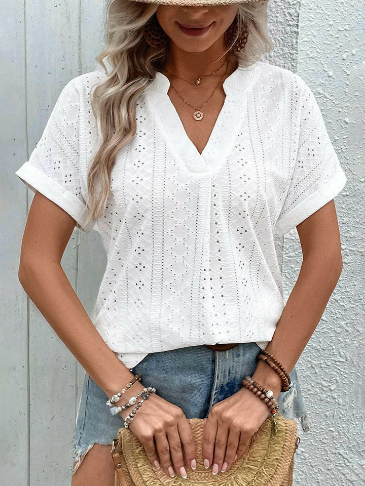 Eyelet Notched Short Sleeve Blouse - The Rogue Daisy