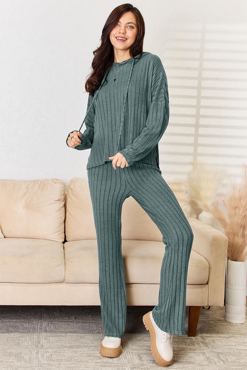 Ribbed Drawstring Hooded Top and Pants Set