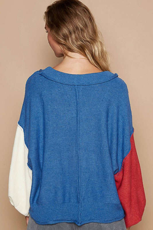 Color Block Lantern Sleeve Sweater