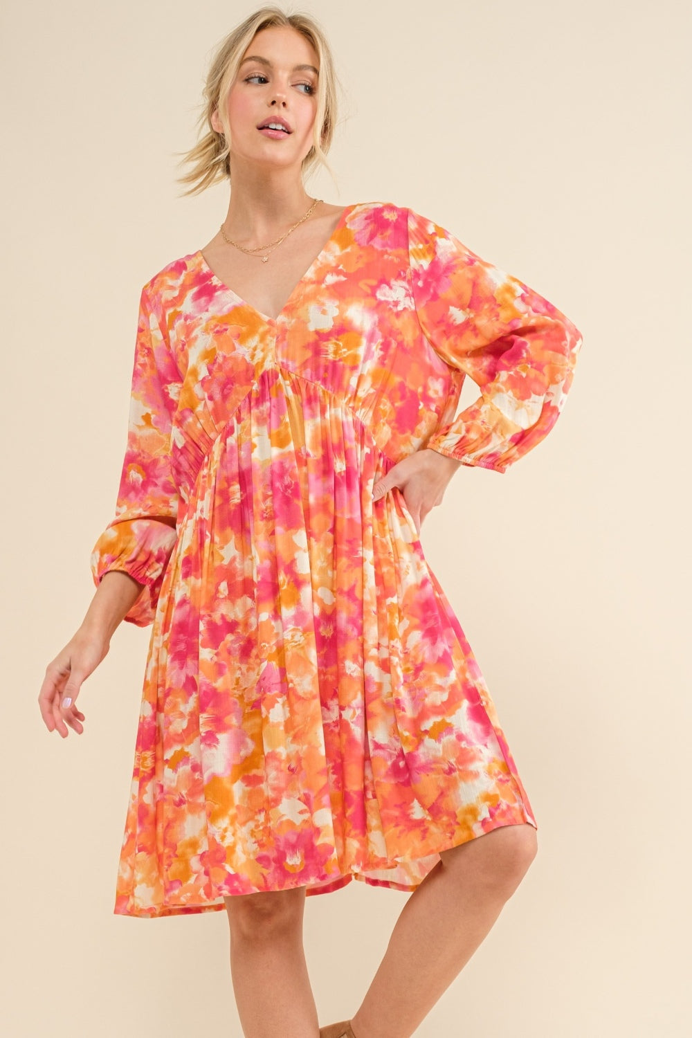 Printed Tie Back Long Sleeve Dress