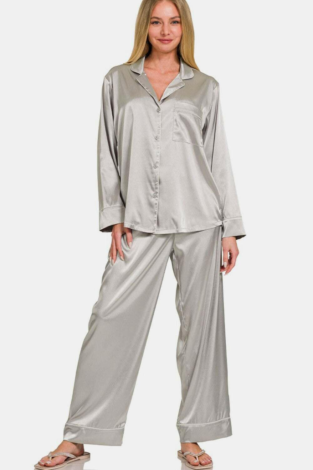 Classic Satin Pajama Set Shirt and Pants (with piping and chest pocket) - The Rogue Daisy