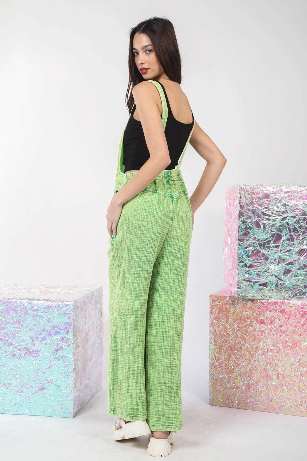 Texture Washed Wide Leg Overalls - Lime Green - The Rogue Daisy