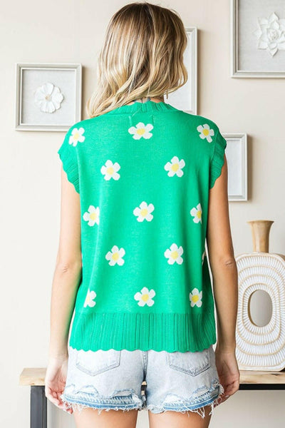 First Love Full Size Flower Pattern Round Neck Sweater Vest - The Rogue Daisy