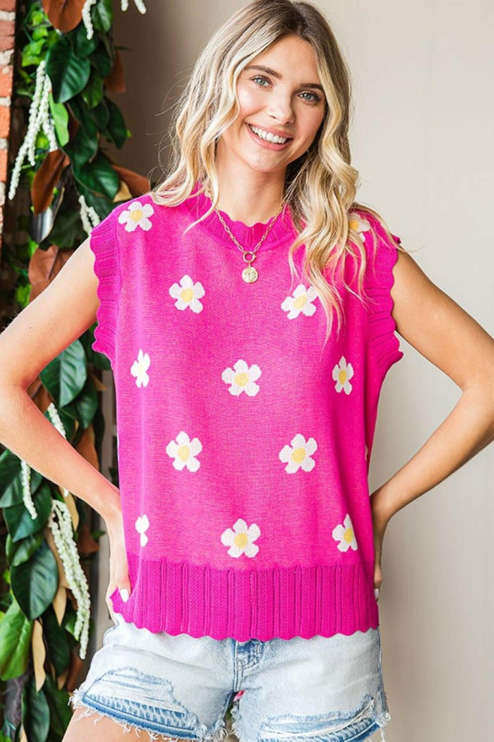 First Love Full Size Flower Pattern Round Neck Sweater Vest - The Rogue Daisy