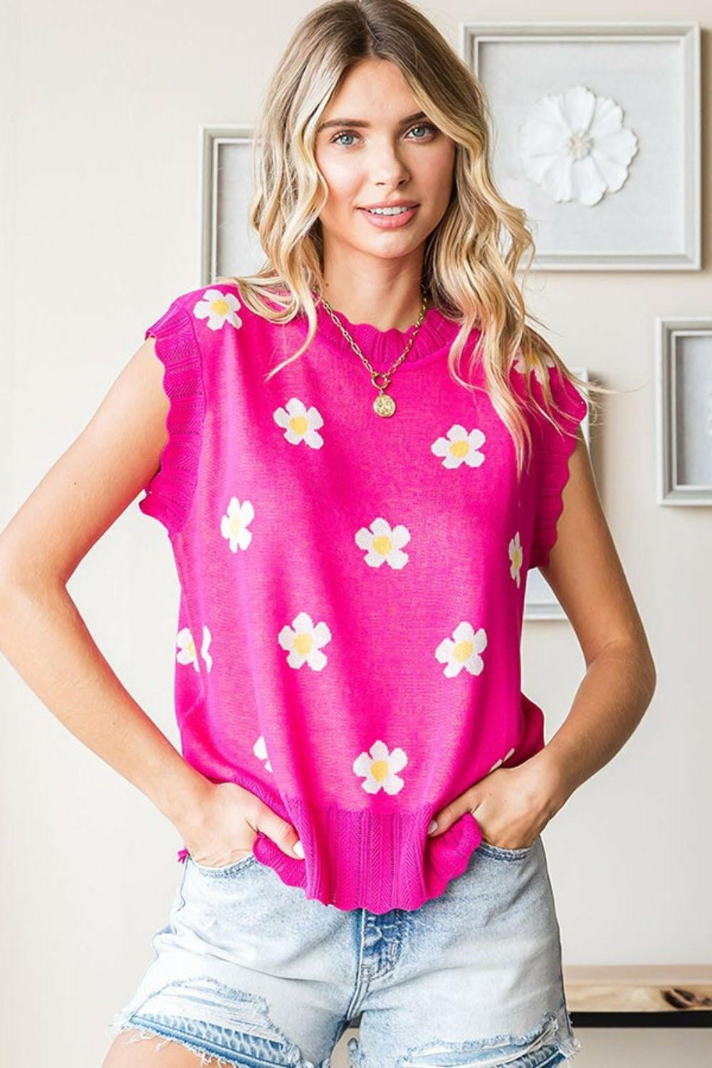 First Love Full Size Flower Pattern Round Neck Sweater Vest - The Rogue Daisy