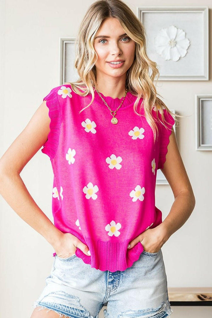 First Love Full Size Flower Pattern Round Neck Sweater Vest - The Rogue Daisy