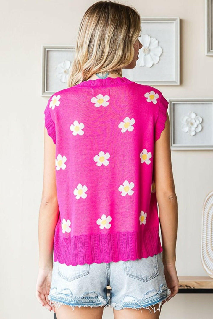 First Love Full Size Flower Pattern Round Neck Sweater Vest - The Rogue Daisy