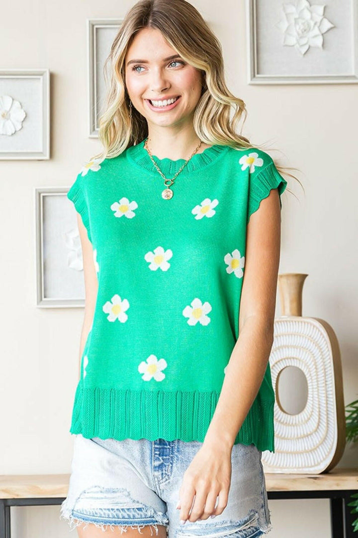 First Love Full Size Flower Pattern Round Neck Sweater Vest - The Rogue Daisy