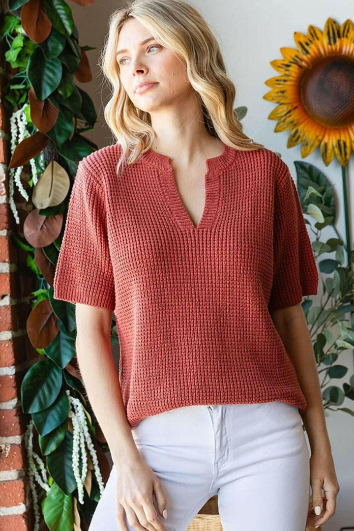 First Love Notched Short Sleeve Knit Top - The Rogue Daisy