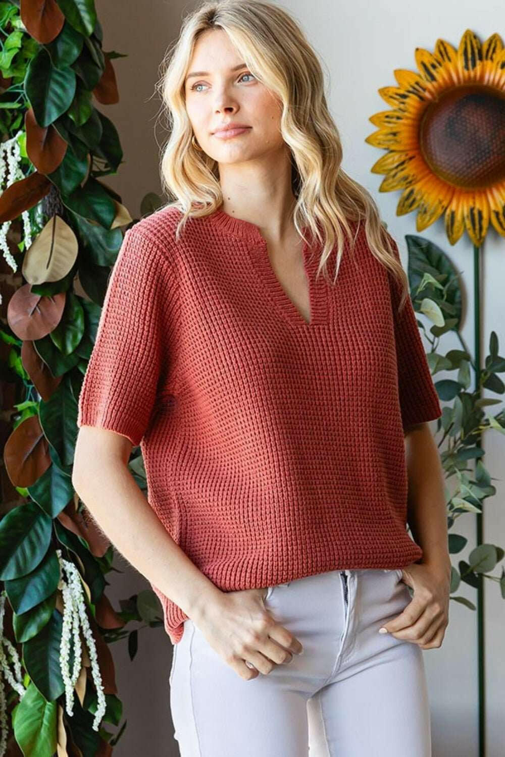 First Love Notched Short Sleeve Knit Top - The Rogue Daisy