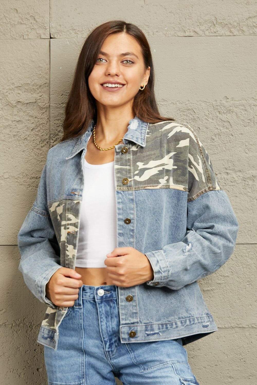 GeeGee Washed Denim Camo Contrast Jacket - Full Size - The Rogue Daisy