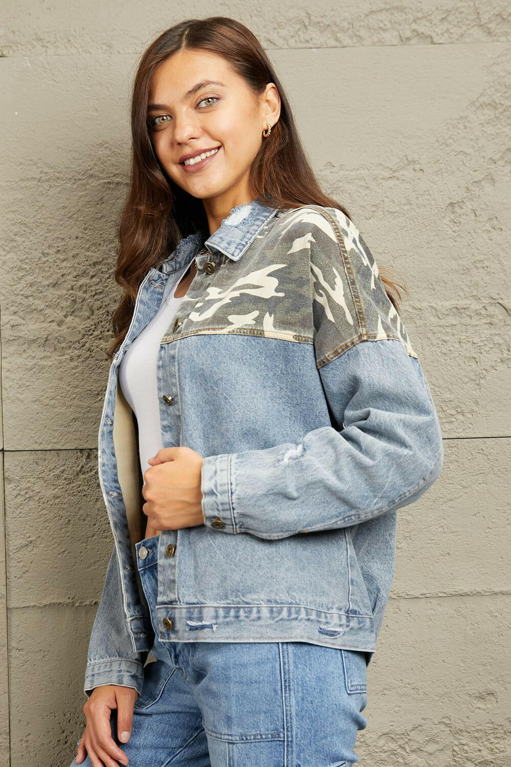 GeeGee Washed Denim Camo Contrast Jacket - Full Size - The Rogue Daisy