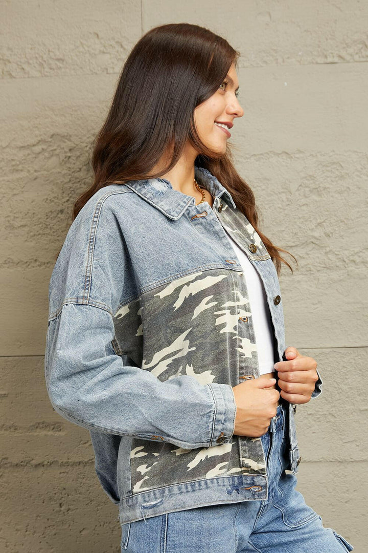 GeeGee Washed Denim Camo Contrast Jacket - Full Size - The Rogue Daisy