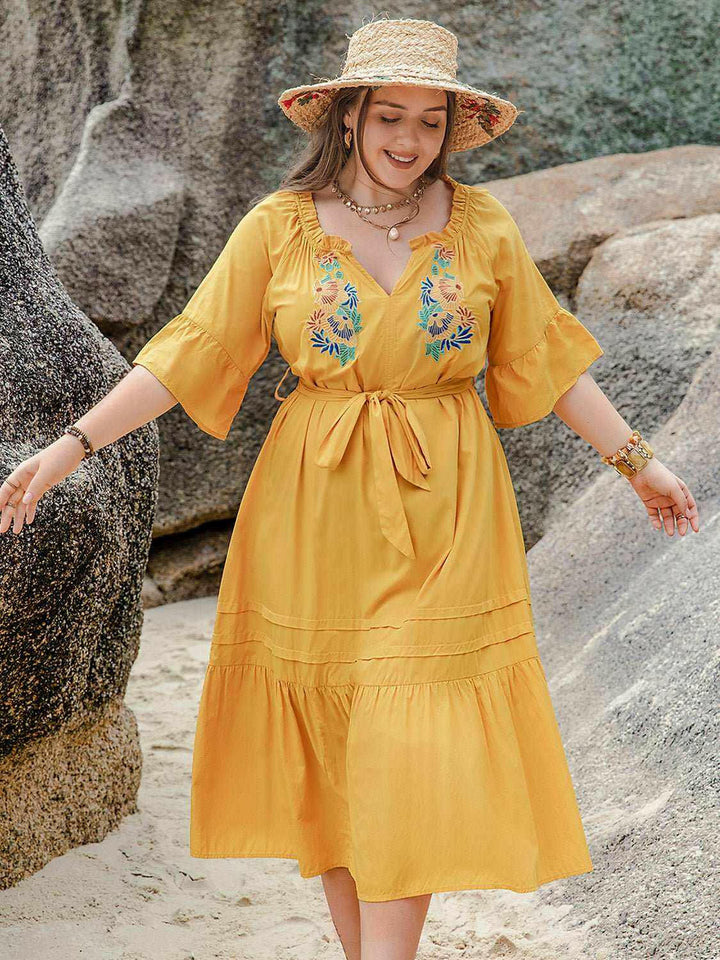 Golden Meadow Embroidered Midi Dress - Plus Size - The Rogue Daisy