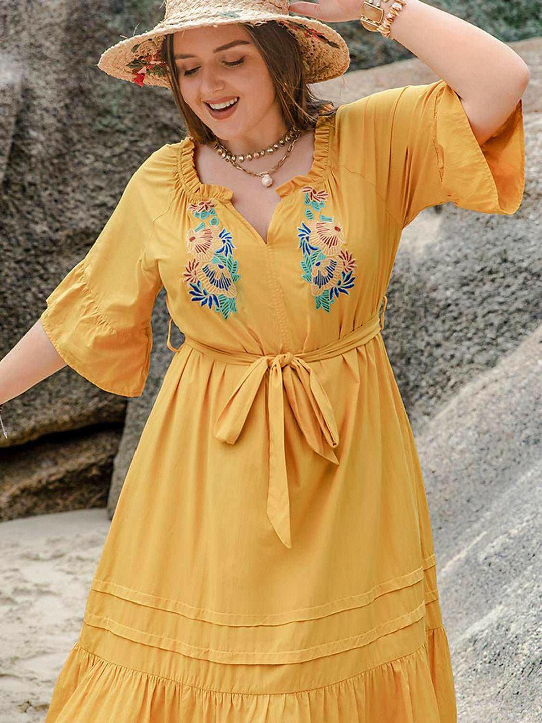 Golden Meadow Embroidered Midi Dress - Plus Size - The Rogue Daisy