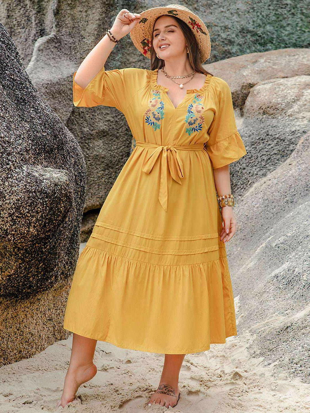 Golden Meadow Embroidered Midi Dress - Plus Size - The Rogue Daisy