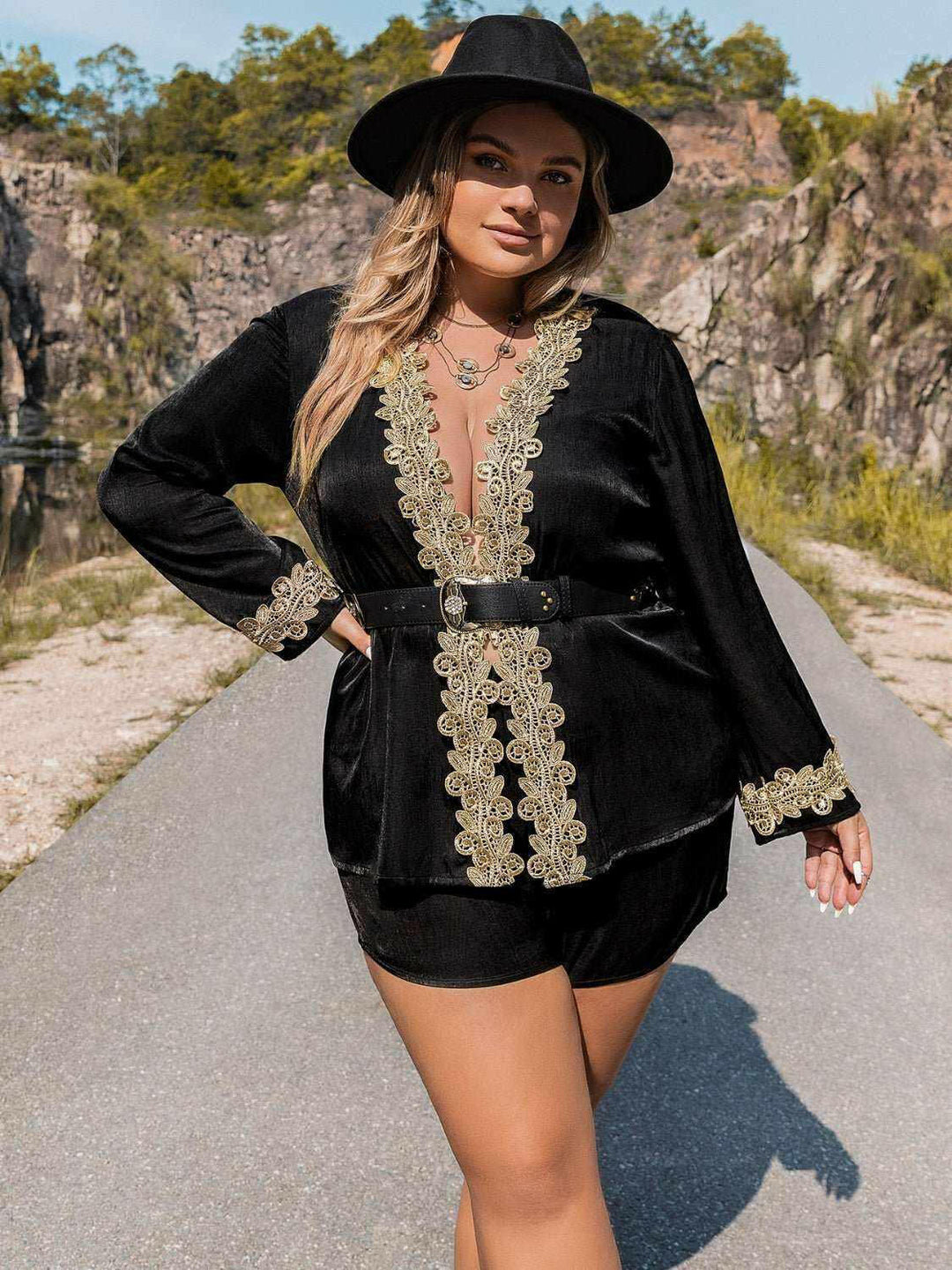 Golden Night Long Sleeve Shorts and Top Set - Plus Size - The Rogue Daisy