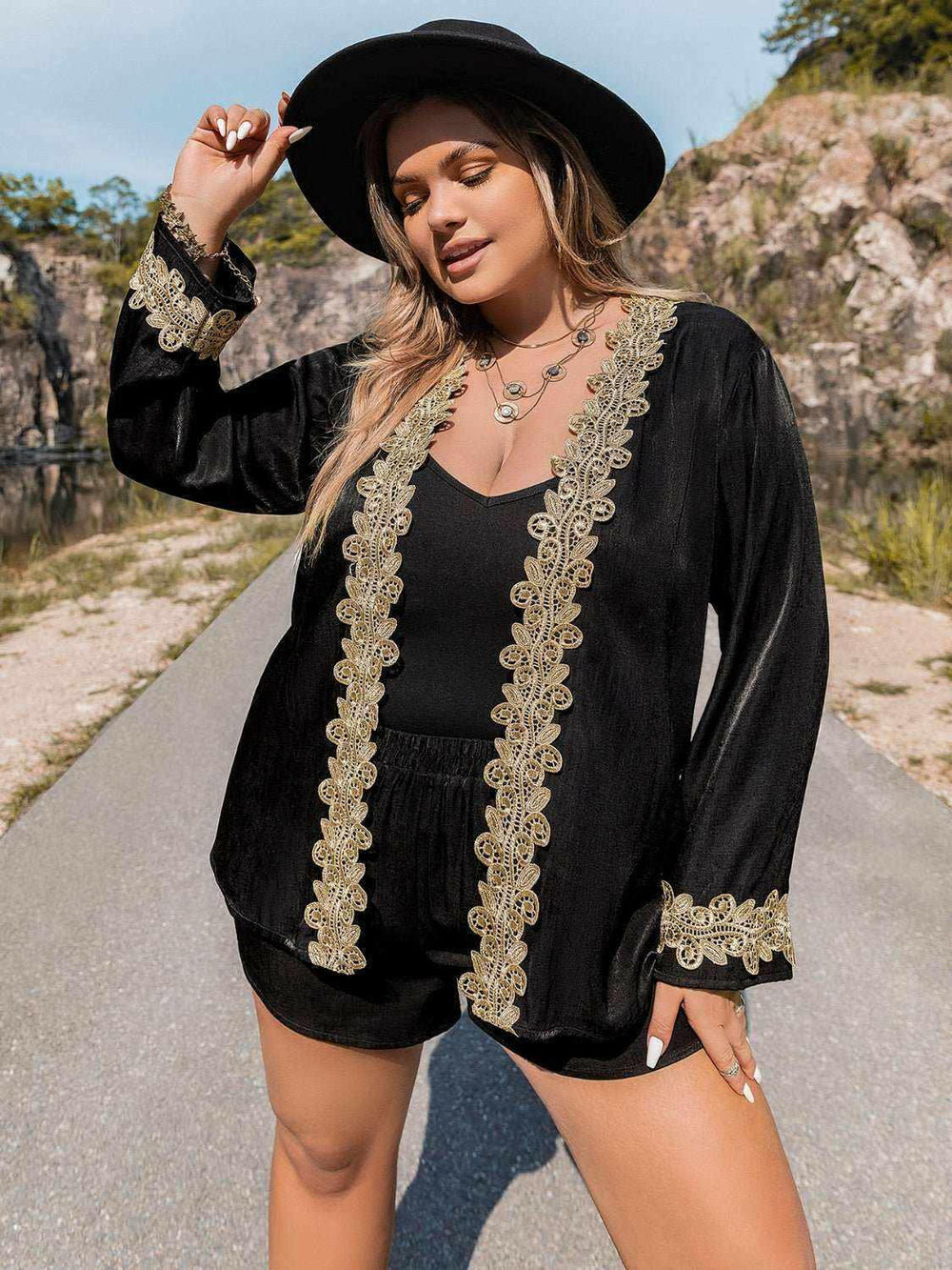 Golden Night Long Sleeve Shorts and Top Set - Plus Size - The Rogue Daisy