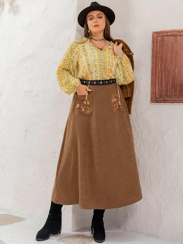 Harvest Embroidered A-Line Midi Skirt - Plus Size - The Rogue Daisy