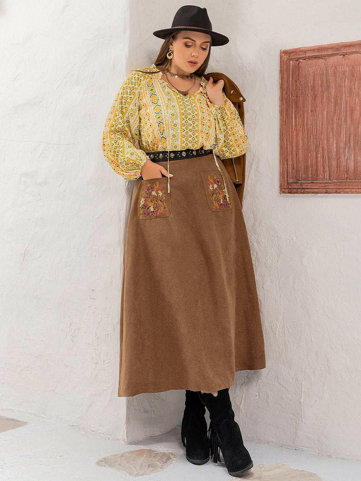 Harvest Embroidered A-Line Midi Skirt - Plus Size - The Rogue Daisy