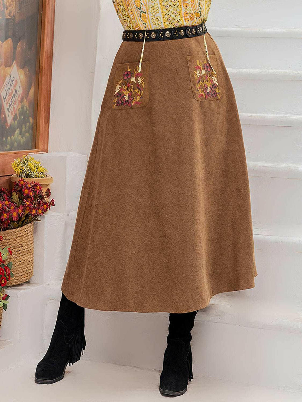 Harvest Embroidered A-Line Midi Skirt - Plus Size - The Rogue Daisy