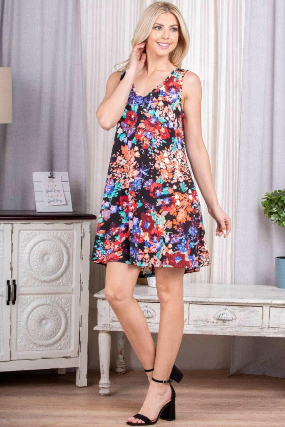 Heimish Floral V - Neck Mini Tank Dress - Full Size - The Rogue Daisy