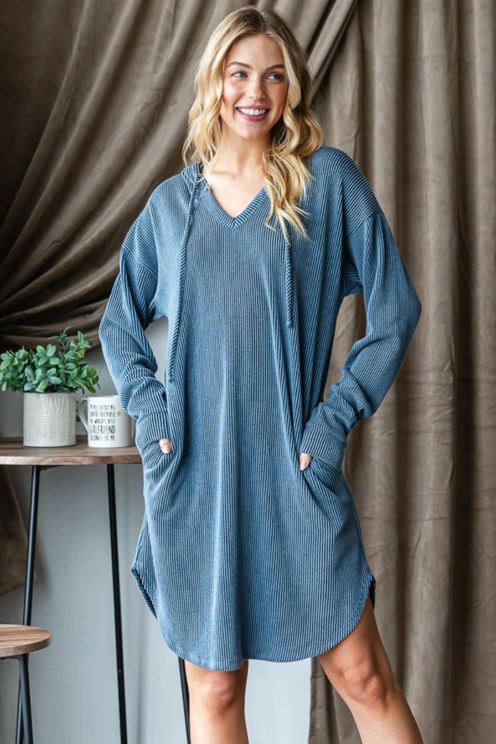 Heimish Ribbed Long Sleeve Hooded Dress - The Rogue Daisy