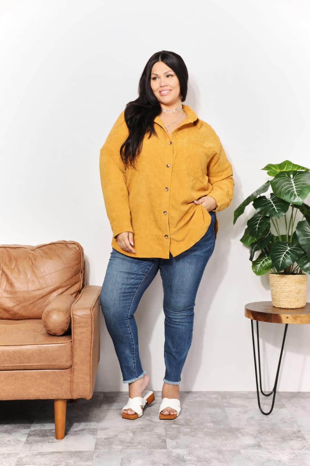 HEYSON Oversized Corduroy Button - Down Tunic Shirt - Full Size - The Rogue Daisy