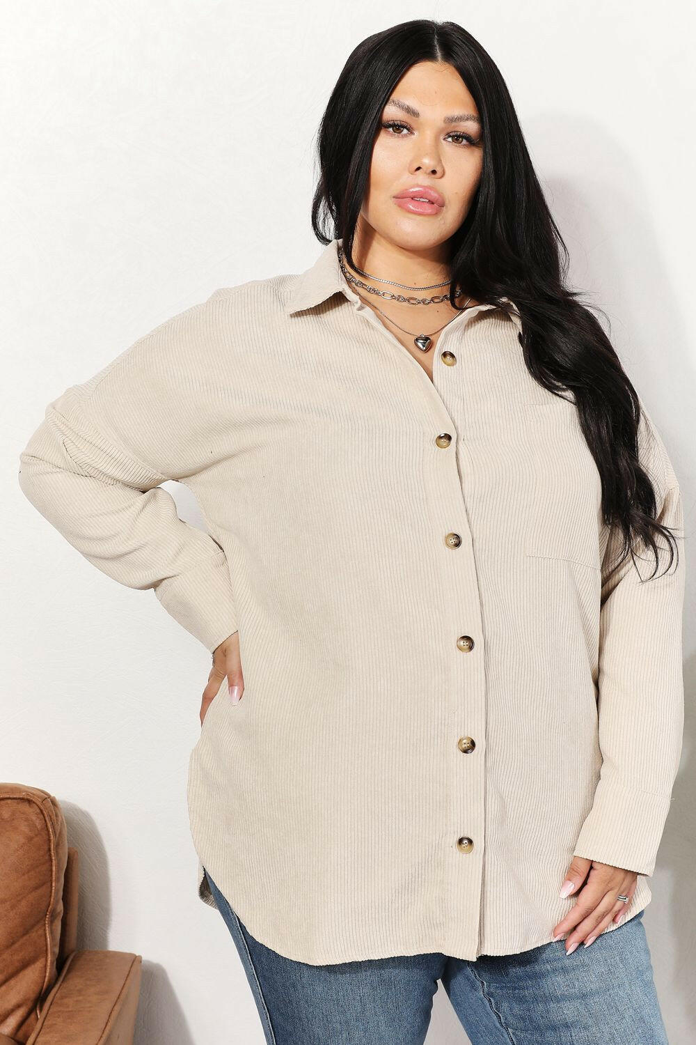 HEYSON Oversized Corduroy Button - Down Tunic Shirt - Full Size - The Rogue Daisy