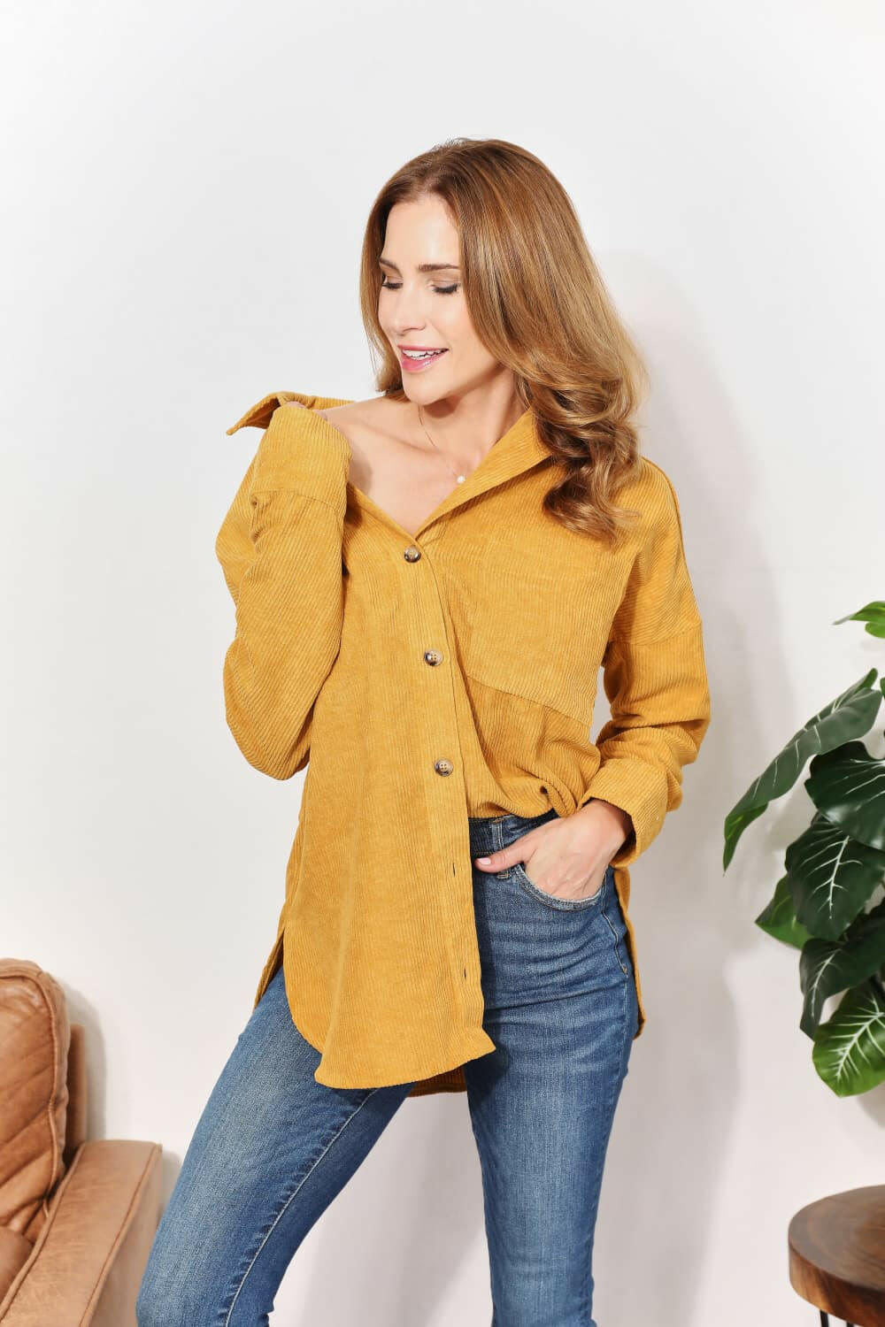 HEYSON Oversized Corduroy Button - Down Tunic Shirt - Full Size - The Rogue Daisy