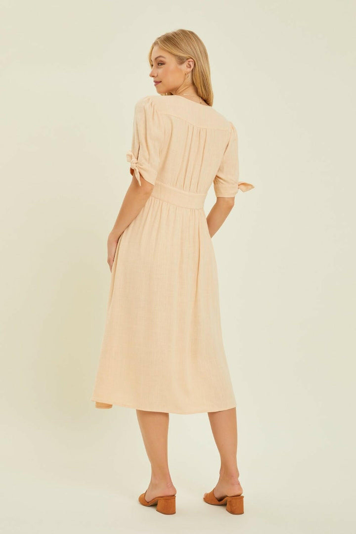 HEYSON Textured Linen V - Neck Button - Down Midi Dress - Full Size - The Rogue Daisy