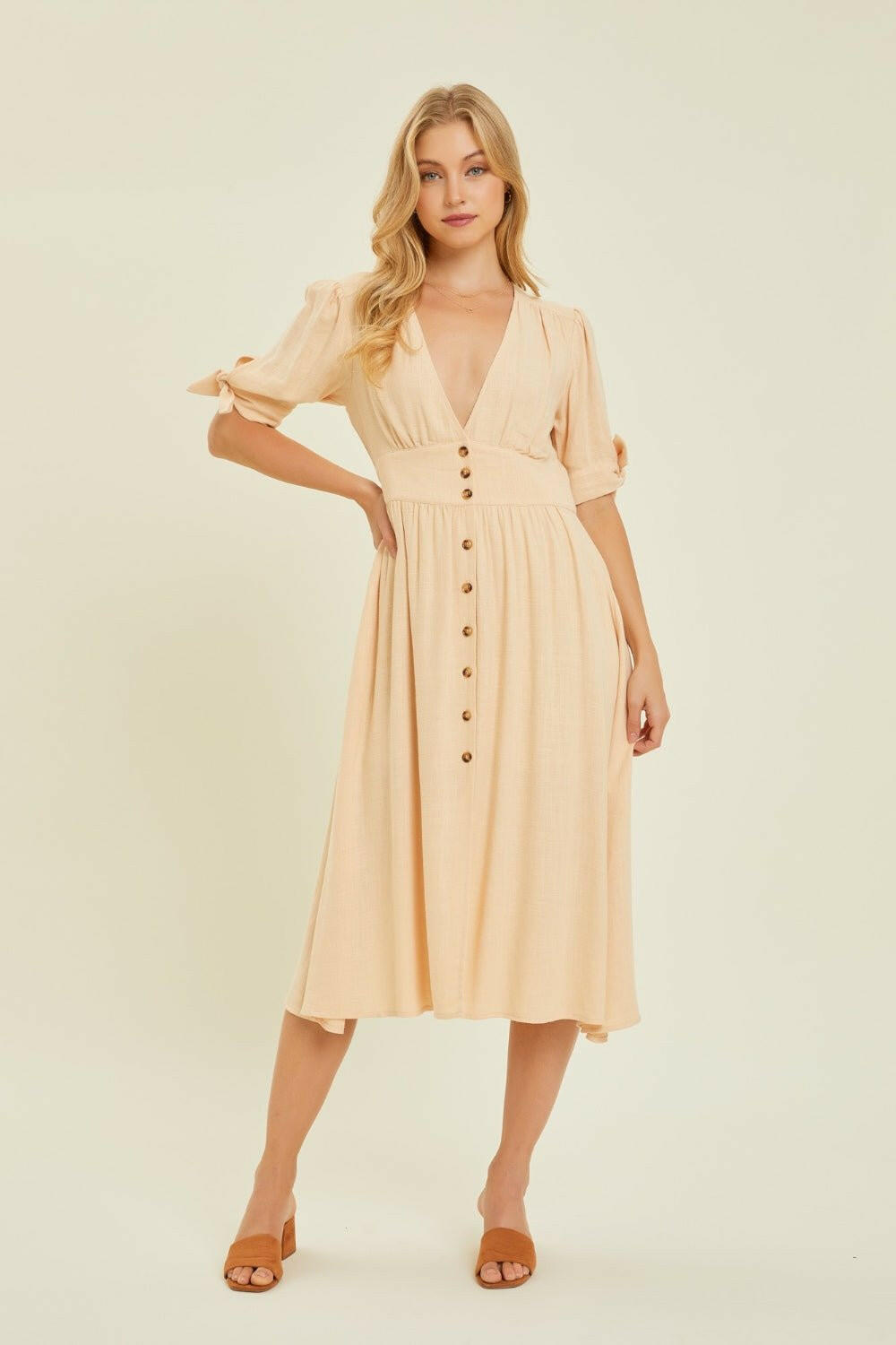 HEYSON Textured Linen V - Neck Button - Down Midi Dress - Full Size - The Rogue Daisy