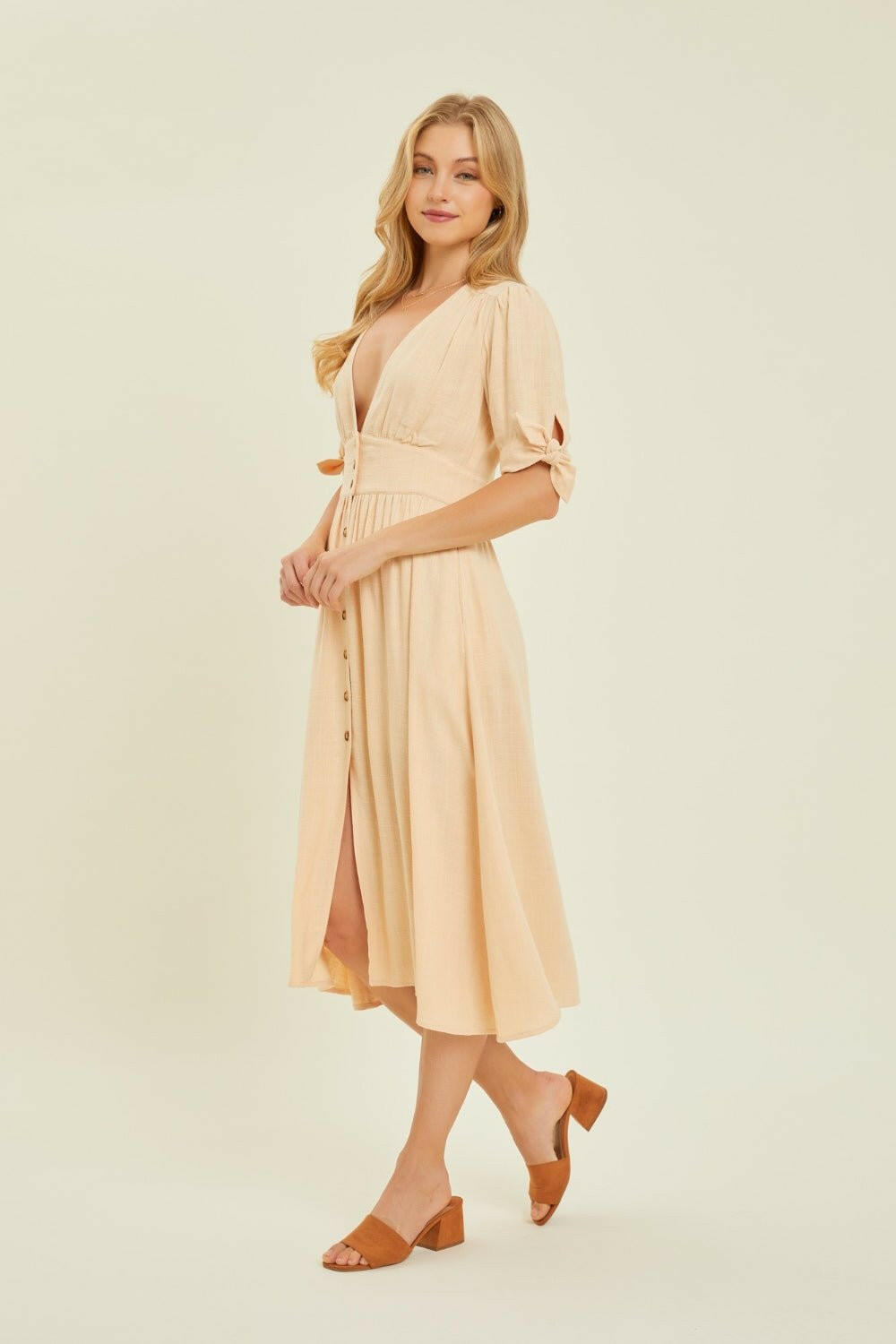 HEYSON Textured Linen V - Neck Button - Down Midi Dress - Full Size - The Rogue Daisy