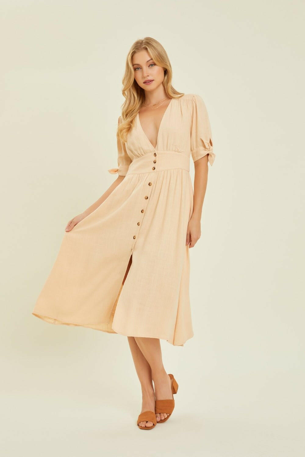 HEYSON Textured Linen V - Neck Button - Down Midi Dress - Full Size - The Rogue Daisy