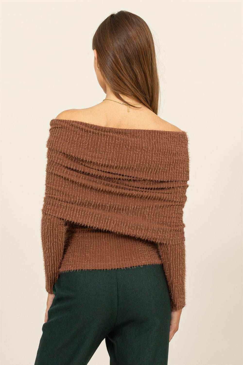 HYFVE Cinnamon Fuzzy Off-Shoulder Sweater - The Rogue Daisy