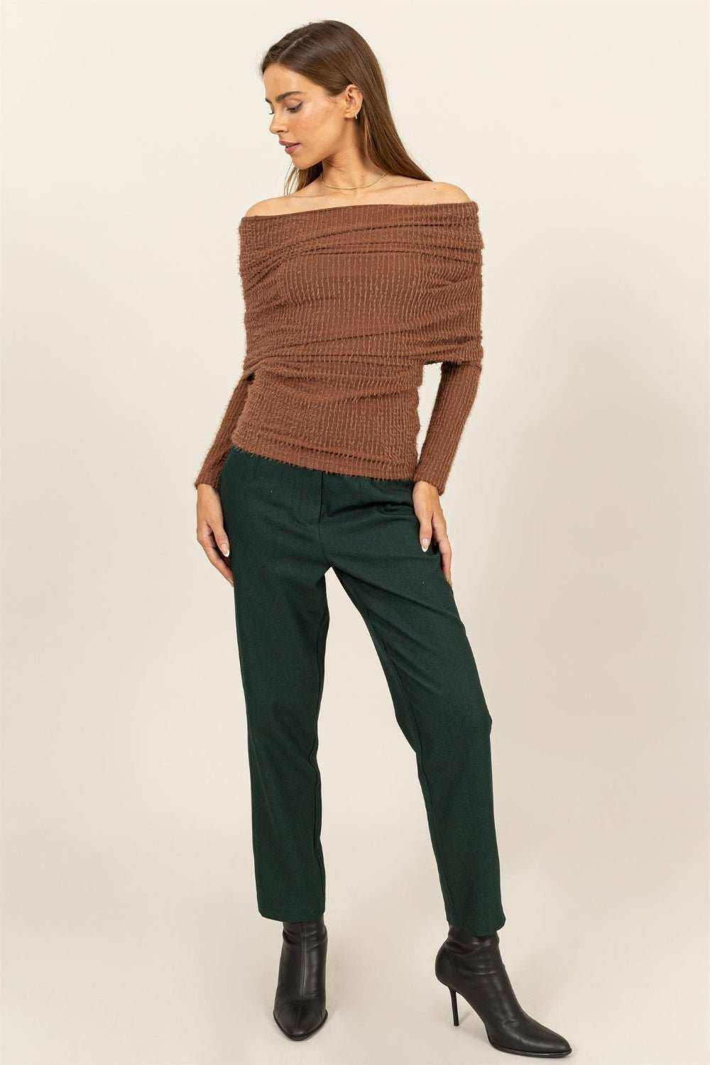 HYFVE Cinnamon Fuzzy Off-Shoulder Sweater - The Rogue Daisy