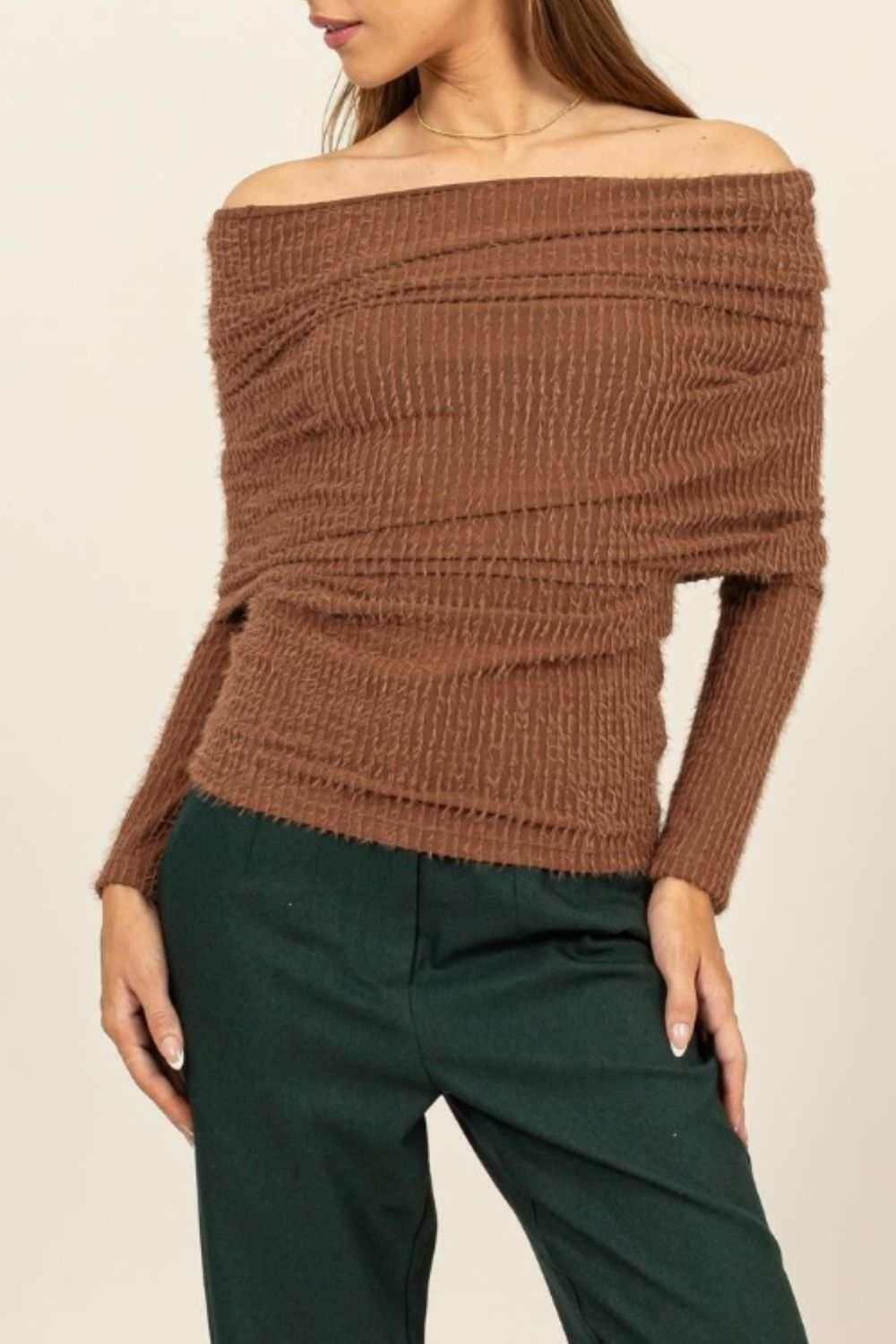 HYFVE Cinnamon Fuzzy Off-Shoulder Sweater - The Rogue Daisy